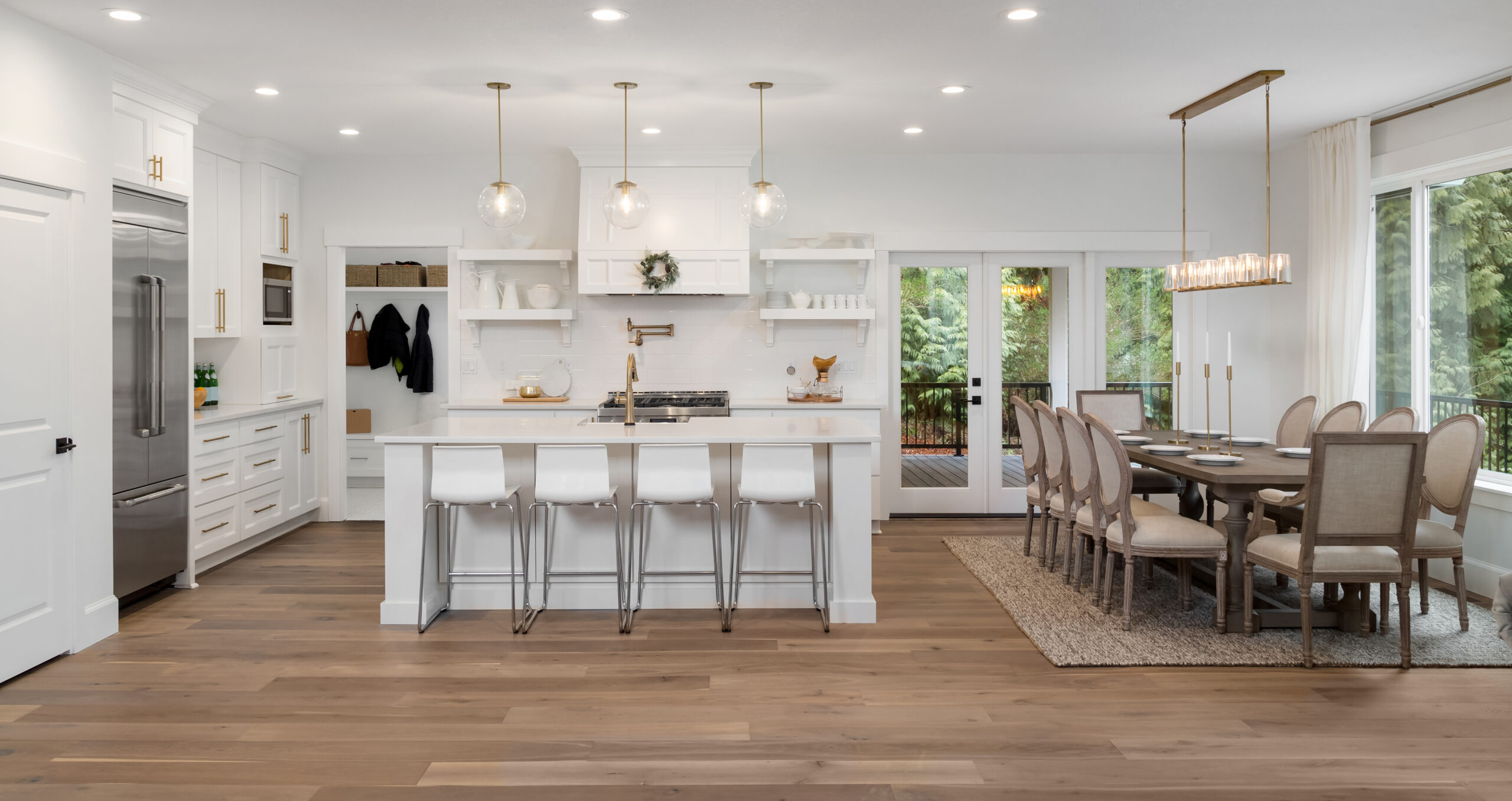 white kitchen with light hardwood floors