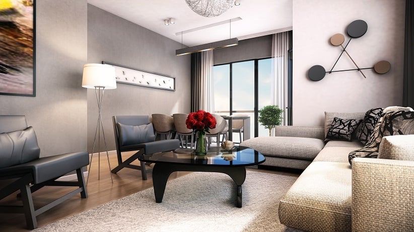 Living Room with Hardwood Floor and Rug