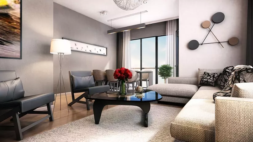 Living Room with Hardwood Floor and Rug