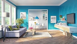 living room with blue decor