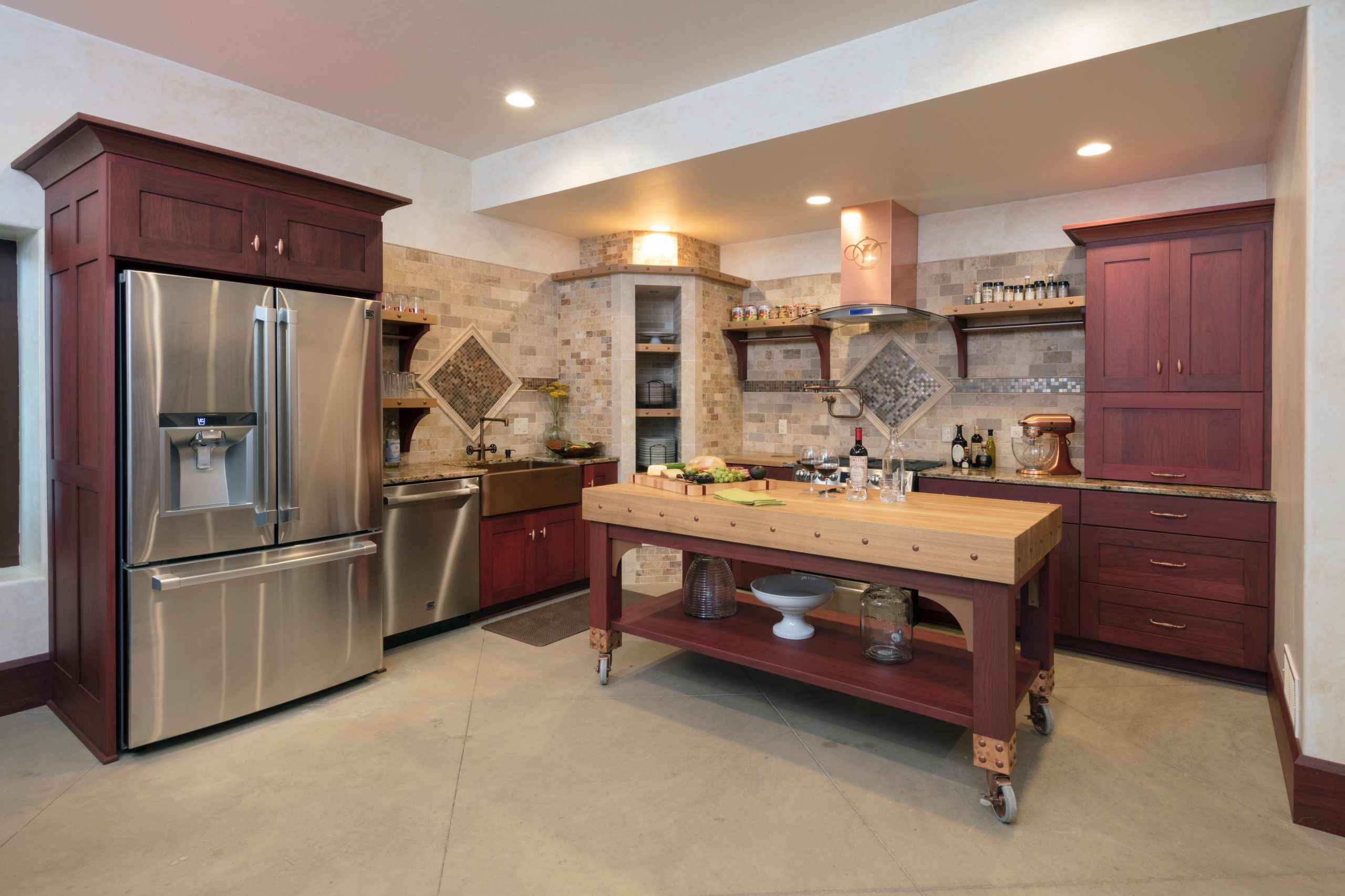 Cherry cabinets grey floor