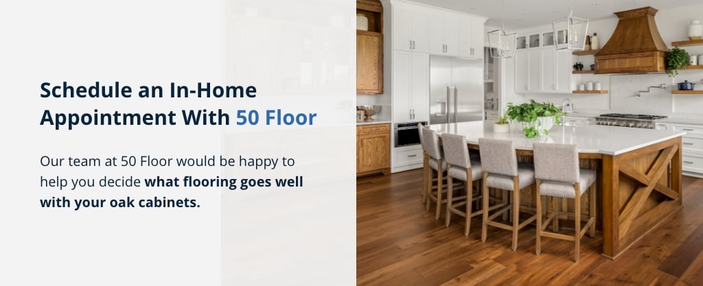 50 Floor can help you decide what flooring goes with oak cabinets