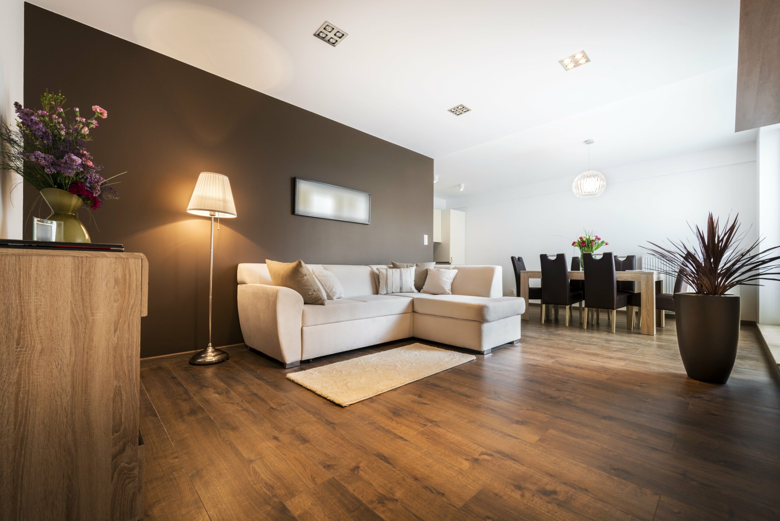 modern living room with dark wood floors