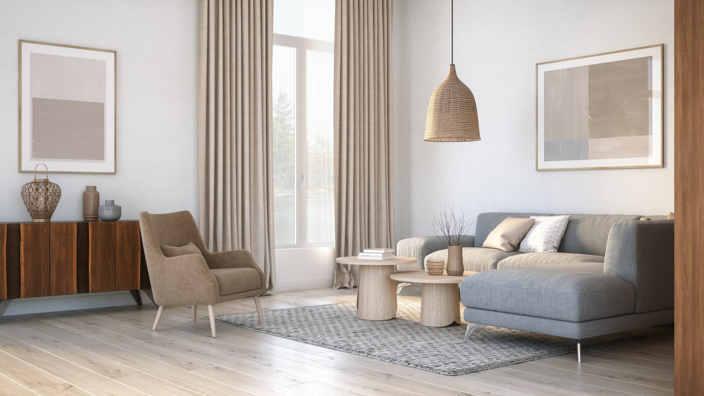 cozy living room with tan floors and grey couch