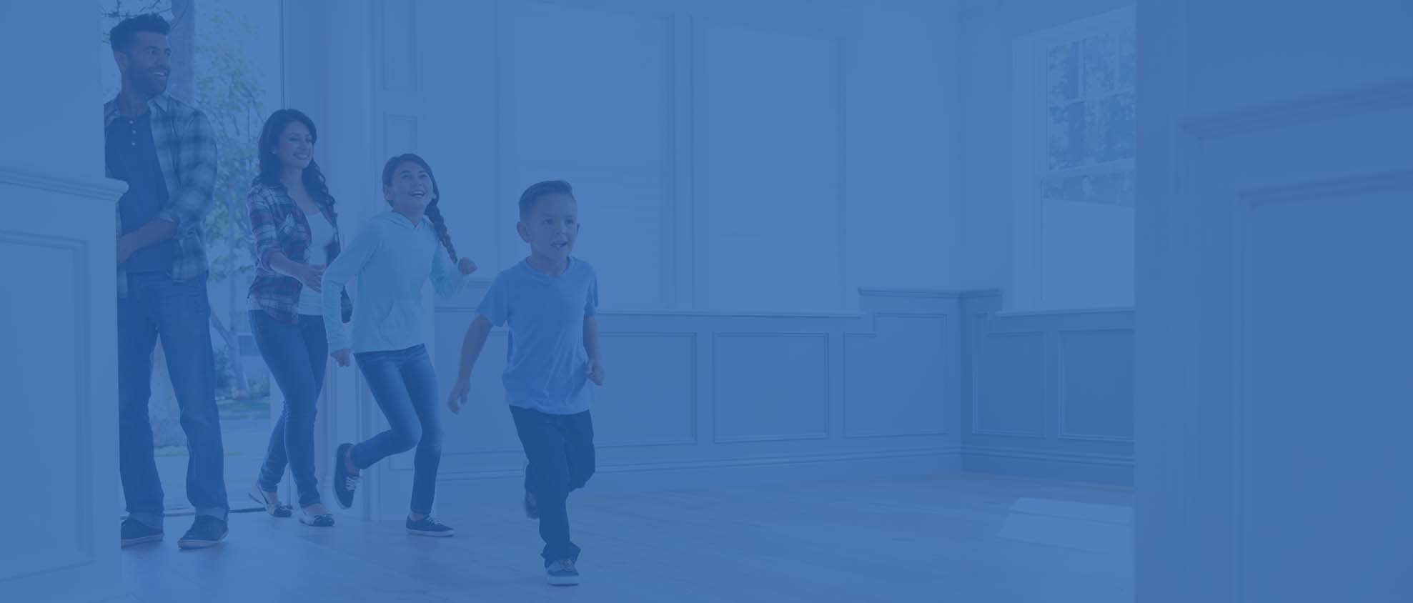 kids and parents running inside front door