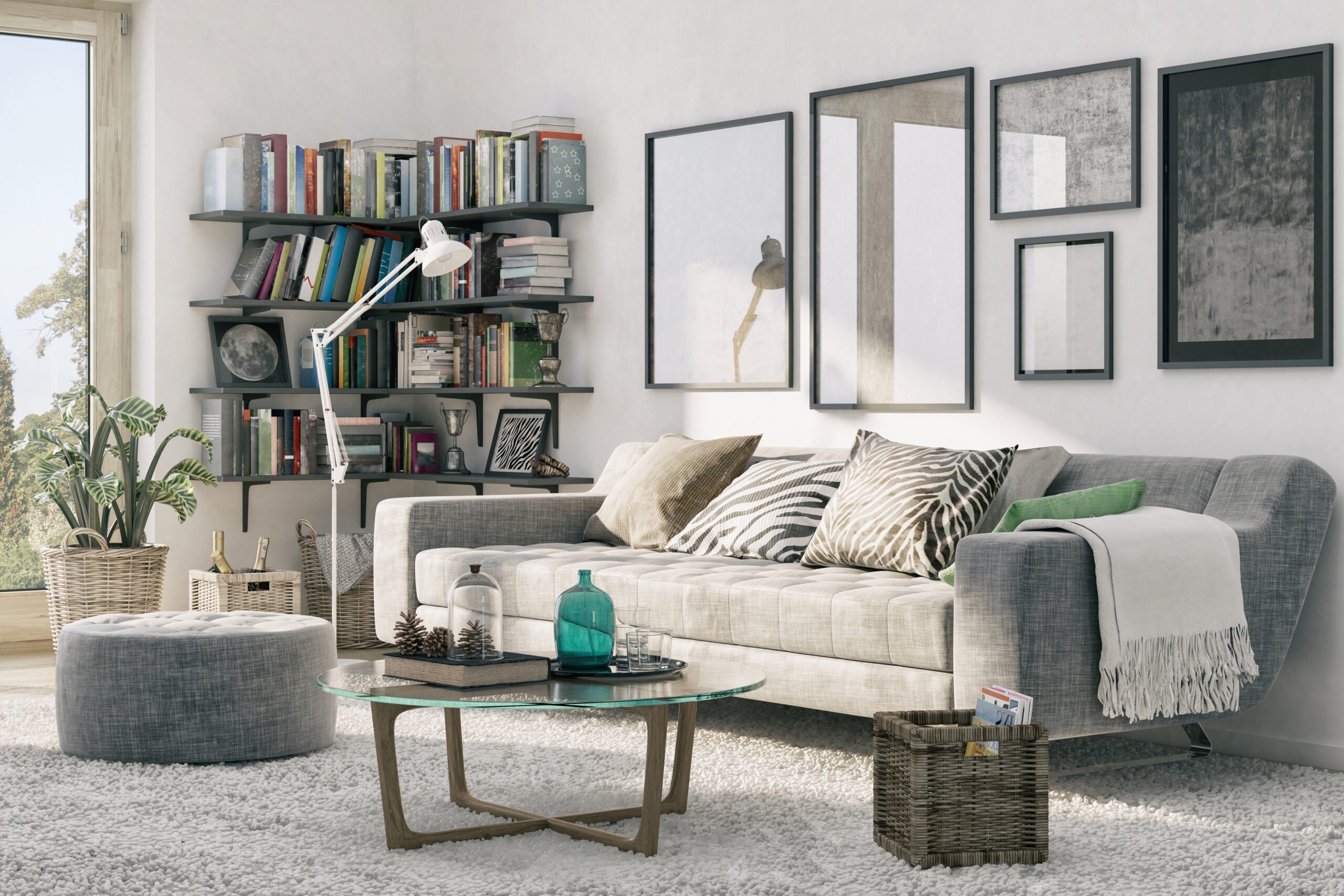 Living room with frieze carpet, gray couch and bookshelf