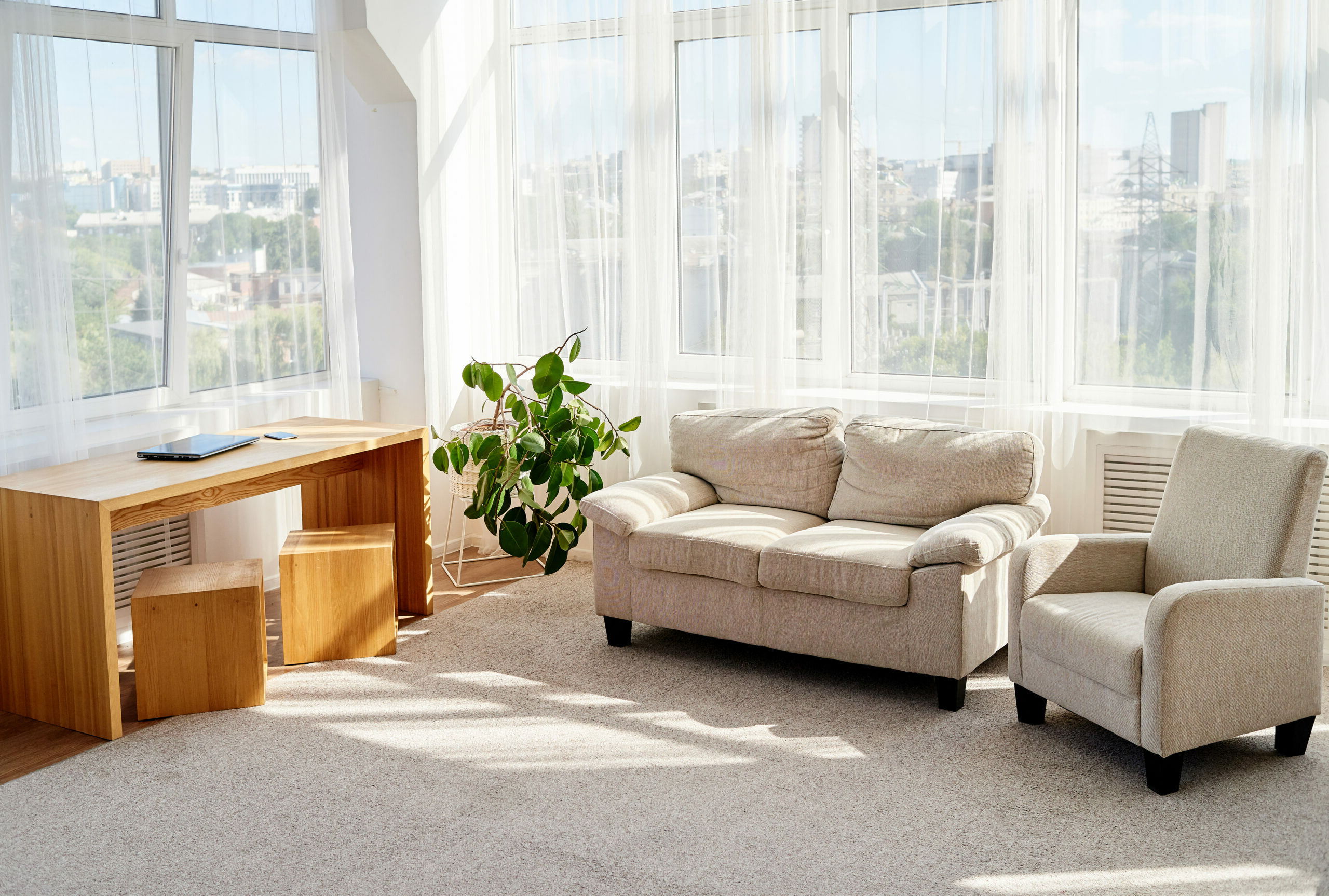 Apartment with wood floors, rug and tan couch