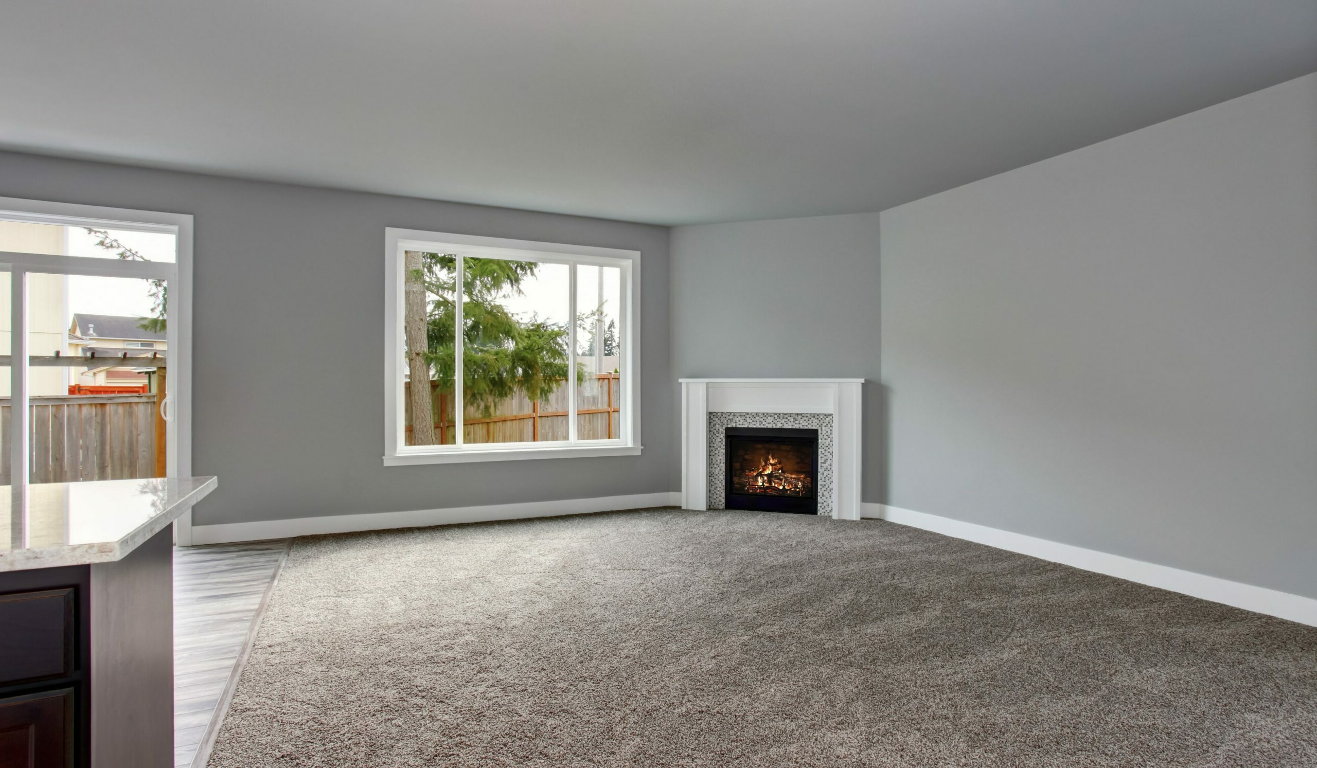 living room with fireplace and carpet flooring