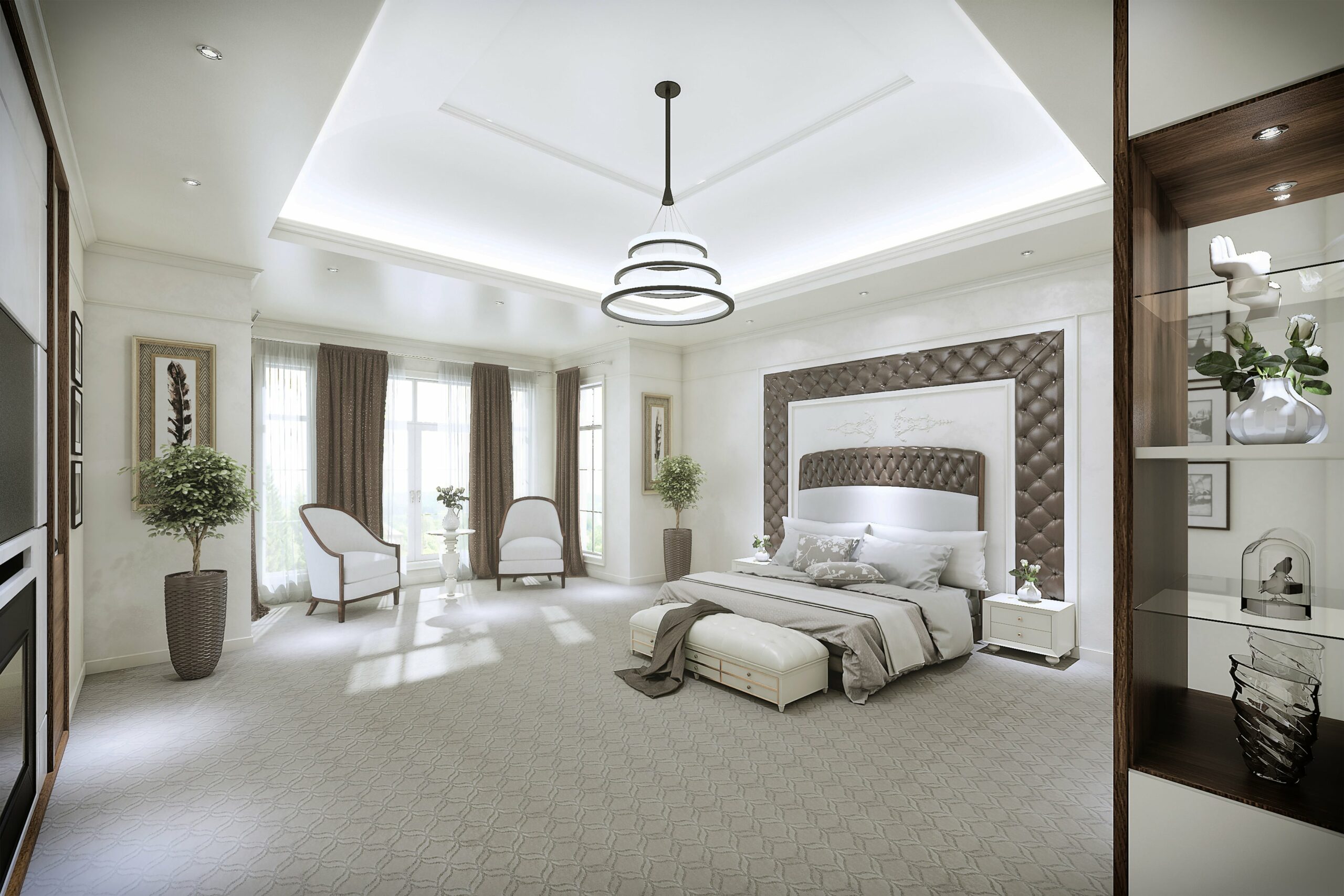 Luxury master bedroom with patterned carpet