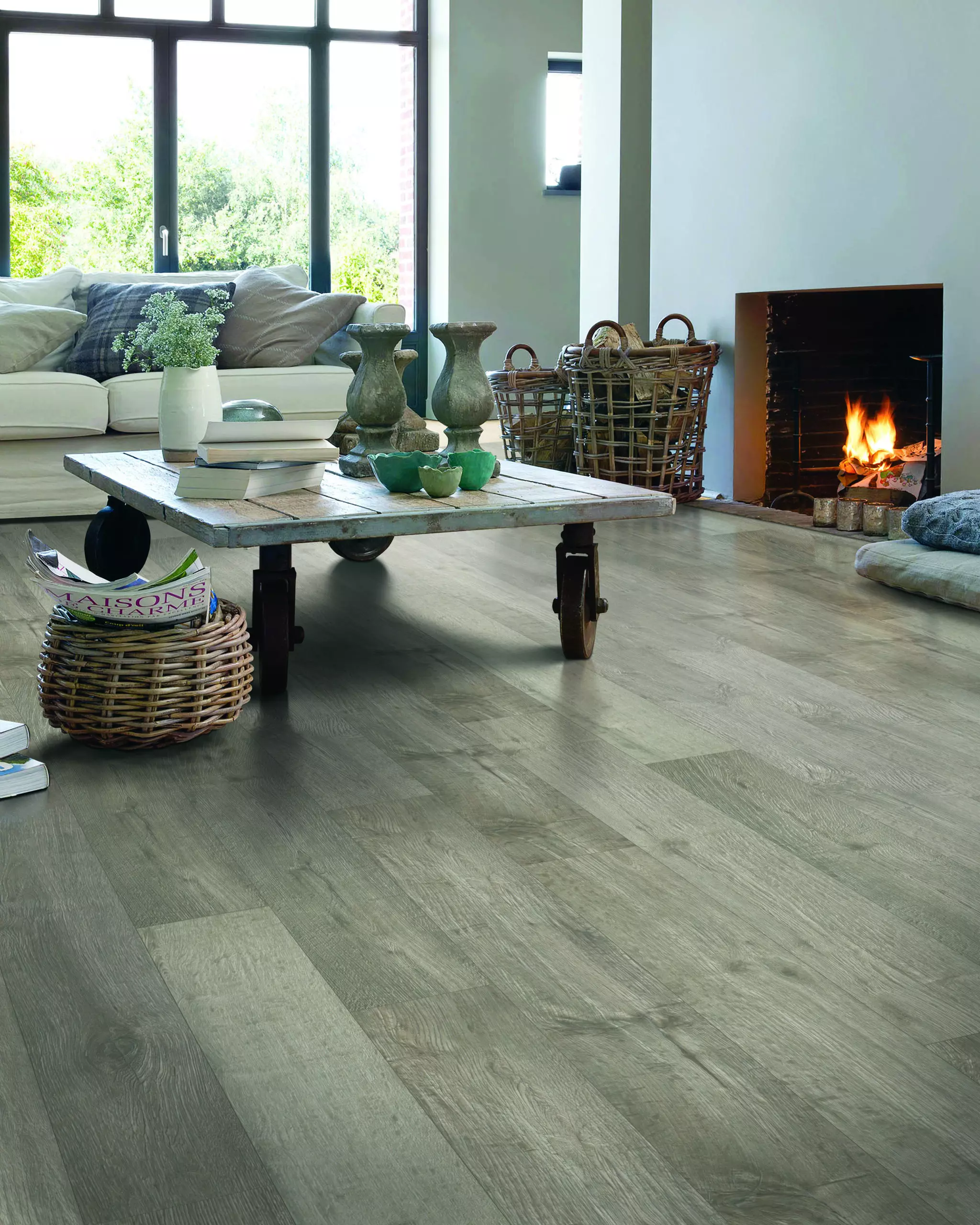 waterproof laminate in living room with fireplace