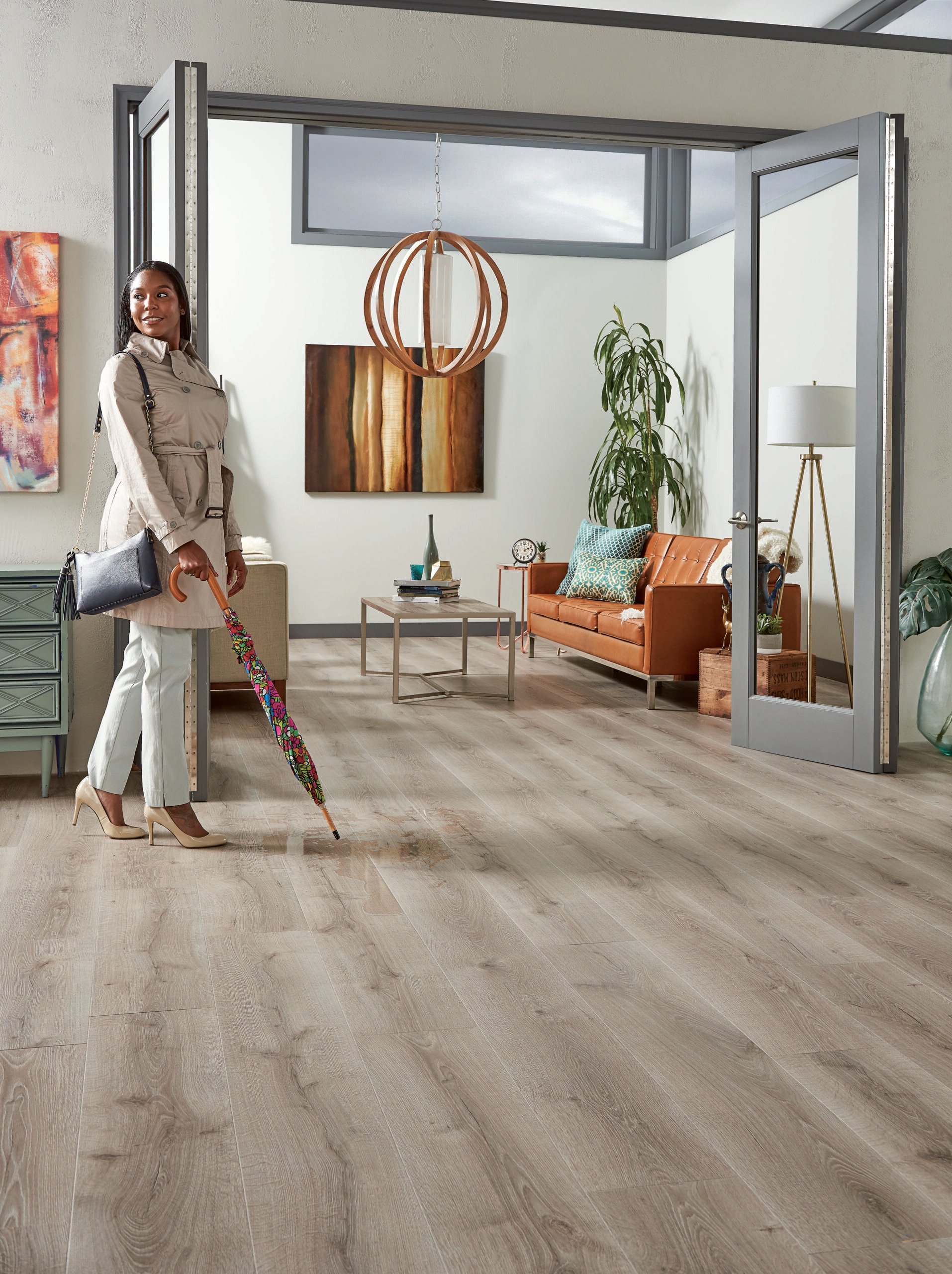 woman walking on waterproof laminate flooring