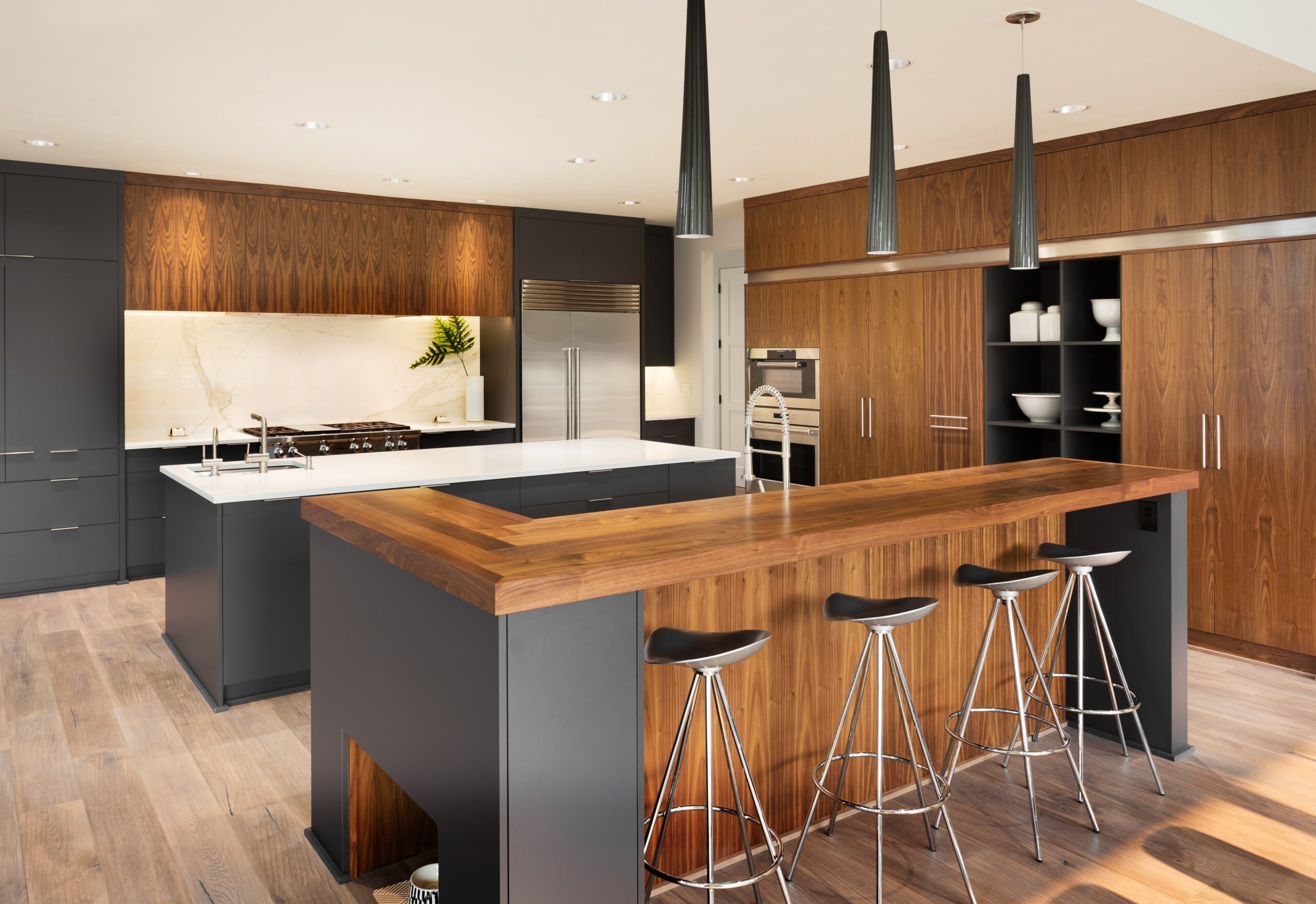 industrial style kitchen with light wood floors