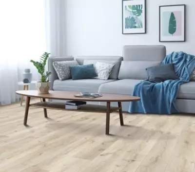 Wadara: Essential Ember Beige Waterproof Laminate Flooring in Living Room