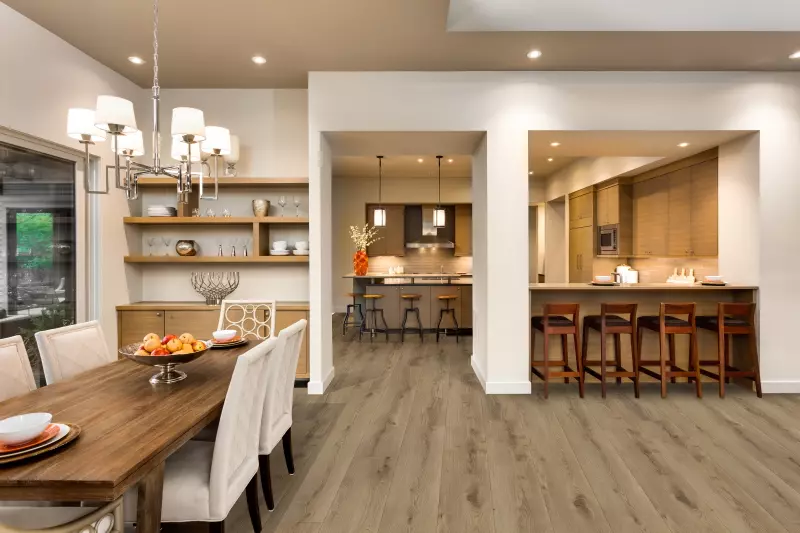 Haven: Urban Oasis Brown Waterproof Luxury Vinyl Floor in Kitchen and Dining Room